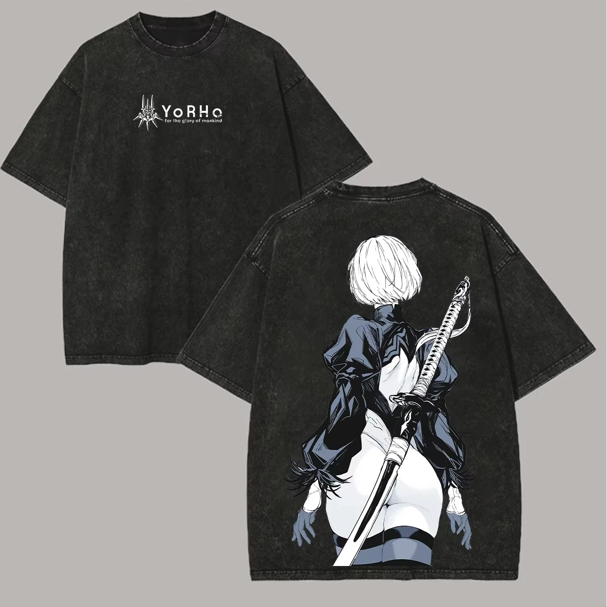 Vintage Washed NieR Automata T Shirt 2B YoRHa Double Sided Graphic Cotton Crew Neck Short Sleeve Unisex Oversized Streetwear Tee