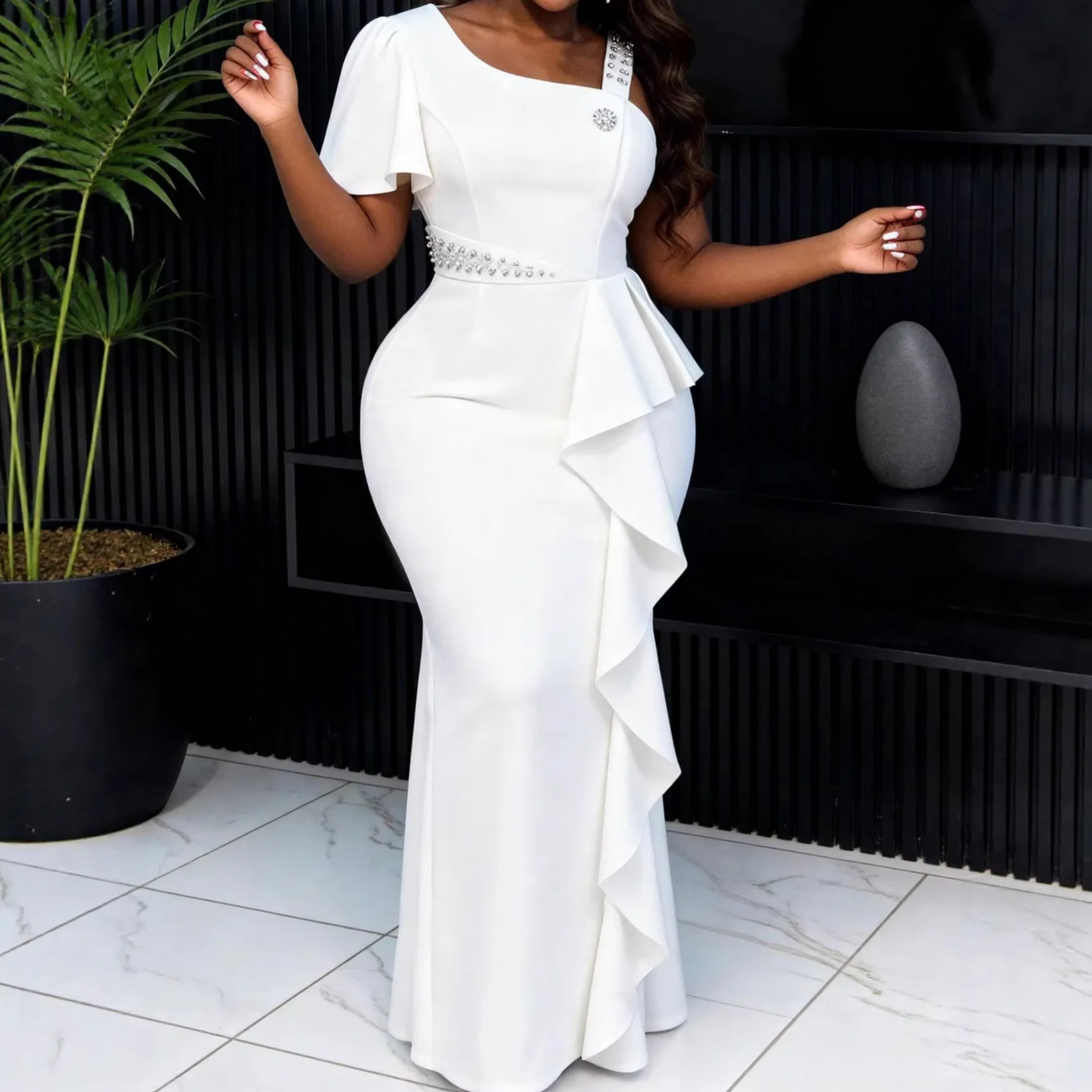

Africa Clothing One Shoulder Maxi Dress Asymmetric Ruffle Rhinestone Accents Vintage Perfect for Formal Events Weddings or Galas