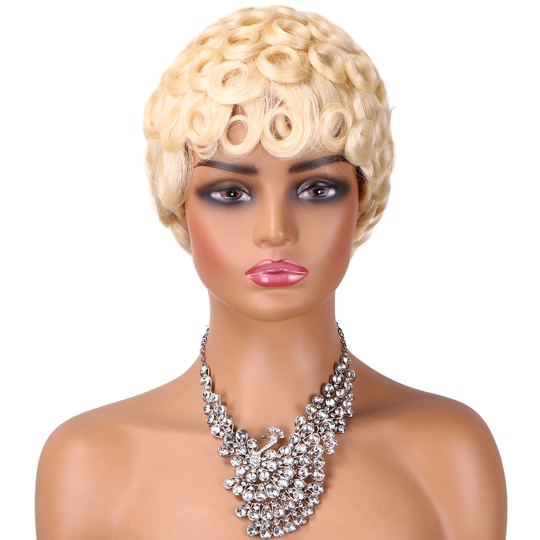 Farbe P427 Echthaar Lockige Pixie-Cut Kurzhaarperücken für Frauen 150% Dichte 6 Zoll Remy-Haar Vollständig maschinell gefertigte Perücken – Detail 5