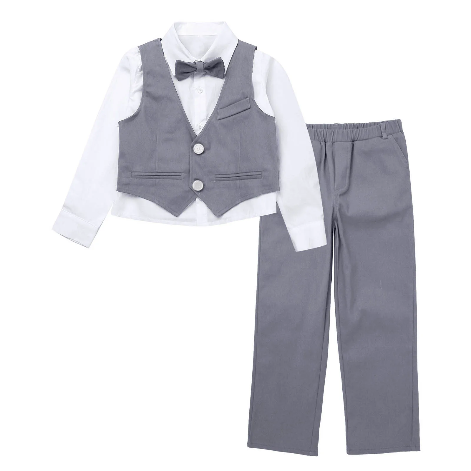 2023 Boys Clothes Sets Kids Gentleman Party Costume Bowknot Long Sleeve Shirt + Single Breasted Vests + Pant 4Pcs Children Suits