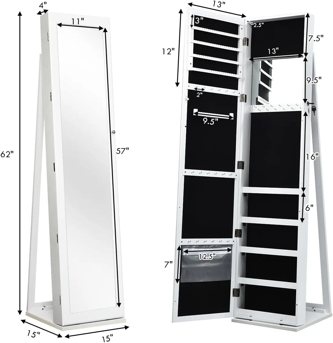 Standing Jewelry Armoire with Tall Full Length Mirror, 2-in-1 Lockable Jewelry Cabinet Organizer with Large Storage Capacity, In