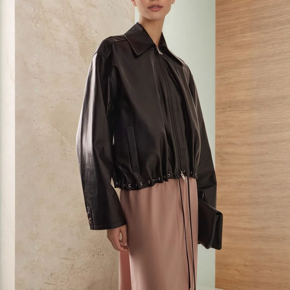 New Black Women Leather Jacket Short Classic Design Stand Collar Top Windproof Warm Coat Daily Commute Casual Outerwear
