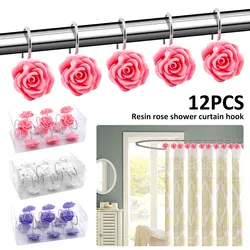 12Pcs Shower Curtain Hooks Anti Rust Shower Curtain Hooks Resin Rose Flower Shower Hooks Home Fashion Decorative Hooks