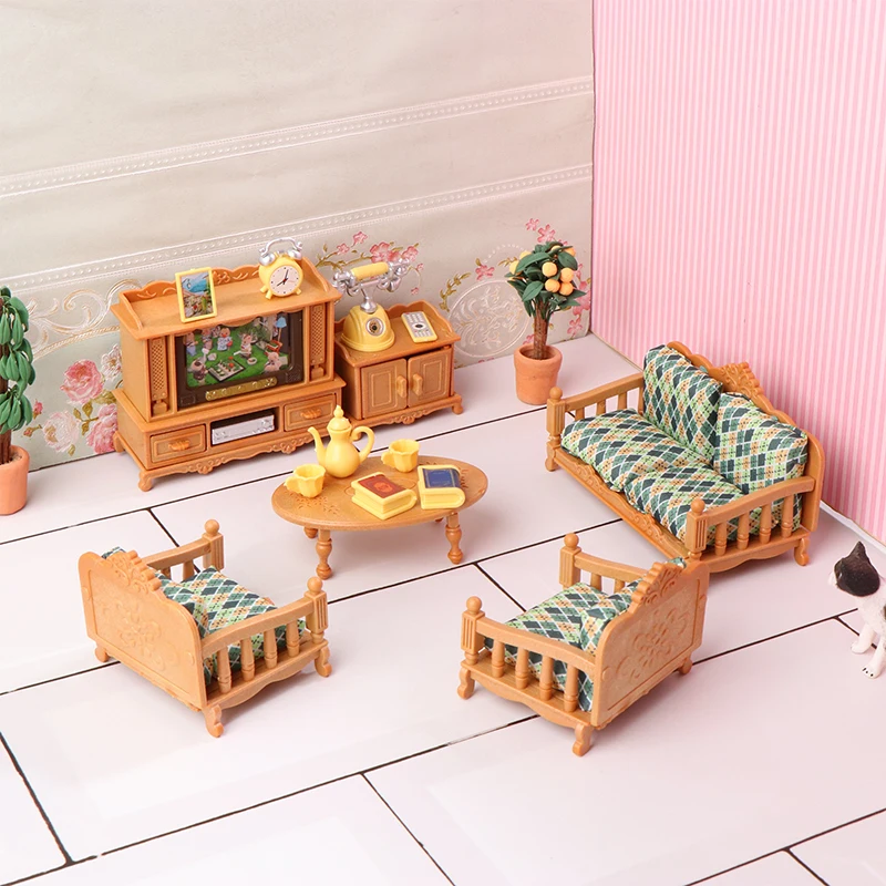 1:12 Miniaturowy zestaw mebli do domku dla lalek: stół jadalny, krzesło, sofa, stolik do herbaty, szafka RTV, model mebli dla lalek, dekoracja, rekwizyt do mikro-scen, zabawka