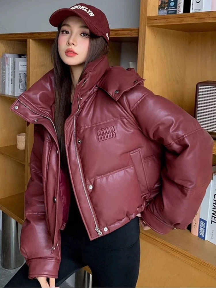 Women Casual Elegant Street Style Cotton Jacket Winter New Style Hooded Thick Letter Leather Down Cotton Jacket Bread Down Women