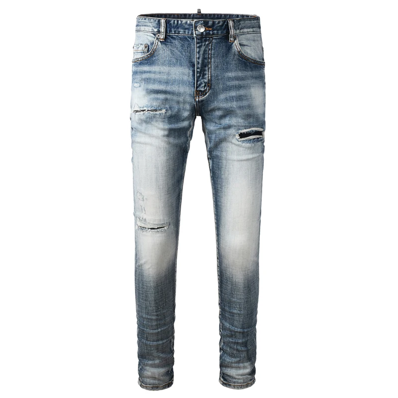 Designer Fashion New Men's Jeans Laundry Nostalgic Stretch Slim Fit Light Blue Jeans High Street Hip Hop Brand Pants Hombre