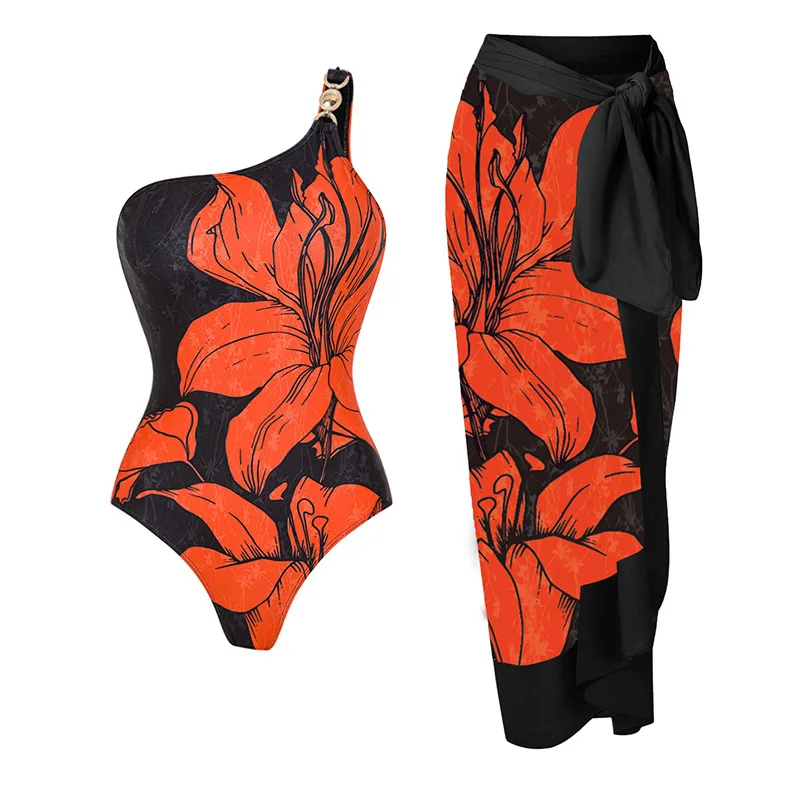 One Piece Swimsuit For Women European And American Swimwear Shoulder Print Beach Vacation One-piece Swimsuit Set