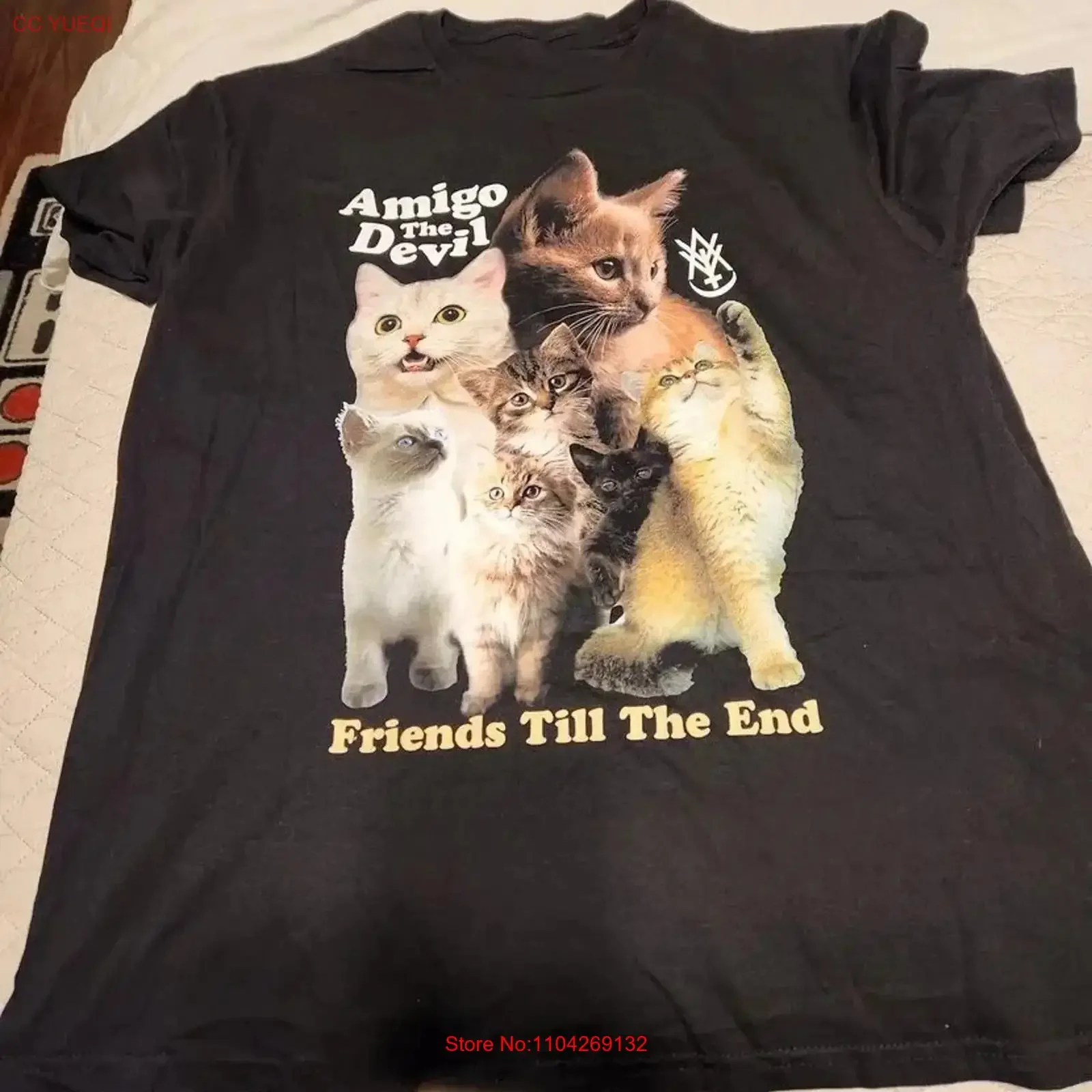 Amigo The Devil Band Cat Funny short sleeve black color shirt KV39465 vintage Washed Slightly homme Stylish Soft Comfortable