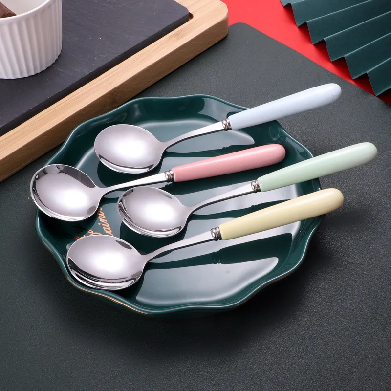 7.25' Stainless Steel Tableware Creative Macaron Ceramic Handle Table Spoon Dessert Dinner Home Tableware Kitchen Cutlery 1-4pcs