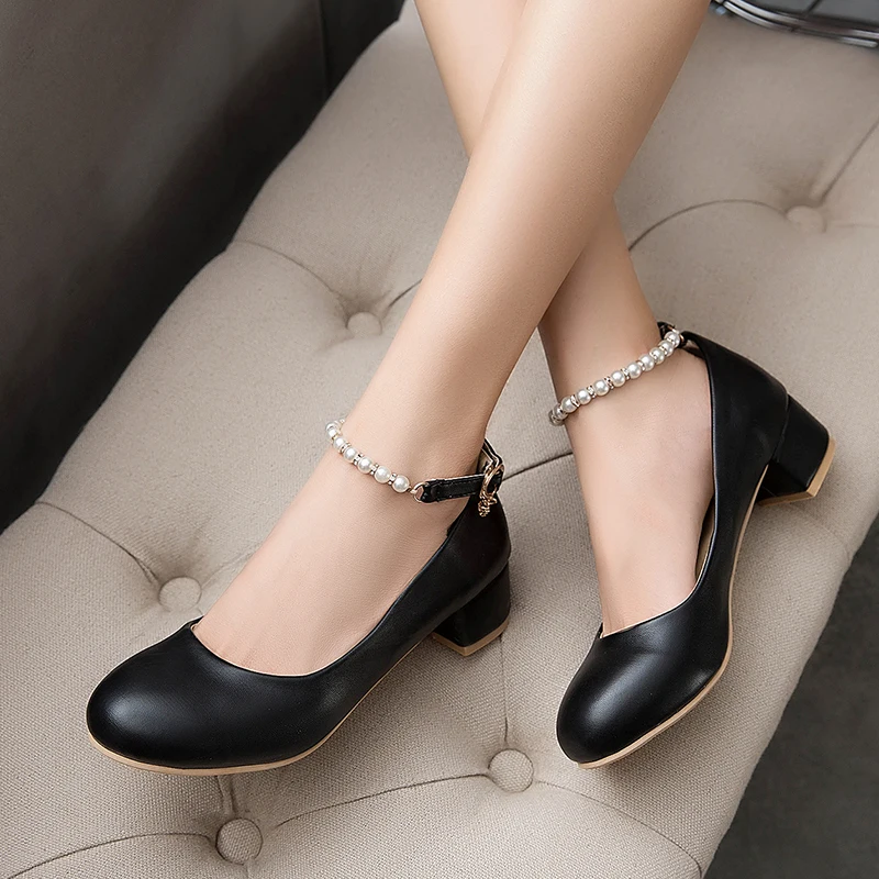 2022 New Women Dress Shoes Medium Heels Mary Janes Shoes Pumps Beaded Ankle Strap Buckle Ladies Shoe White Office Zapatos Mujer