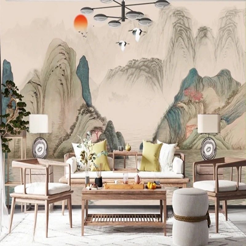 Custom New Chinese Style Abstract Ink Landscape Decoracion Hogar Elegant Hand-Painted Watercolor Backdrop Living Room Bedroom