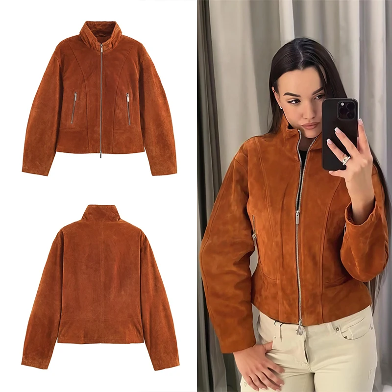 Guobioziy Women's Leather Stand Collar Jacket 2026 Spring-Autumn New Model European Casual Trend Retro Classic High Street Style