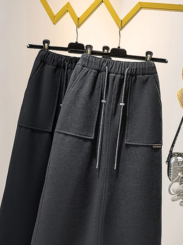 

Oversized Autumn Winter Woolen Skirt For Women Solid Color High Waist Drawstring A-line Skirts Mid Length Slit Ladies Skirts