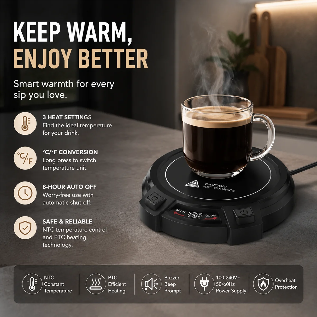 SR 09 Digital Electric Cup Warmer Constant Temperature Coaster PTC Heating Pad 3 Settings Auto Off Tea Milk Water Home US EU Mug