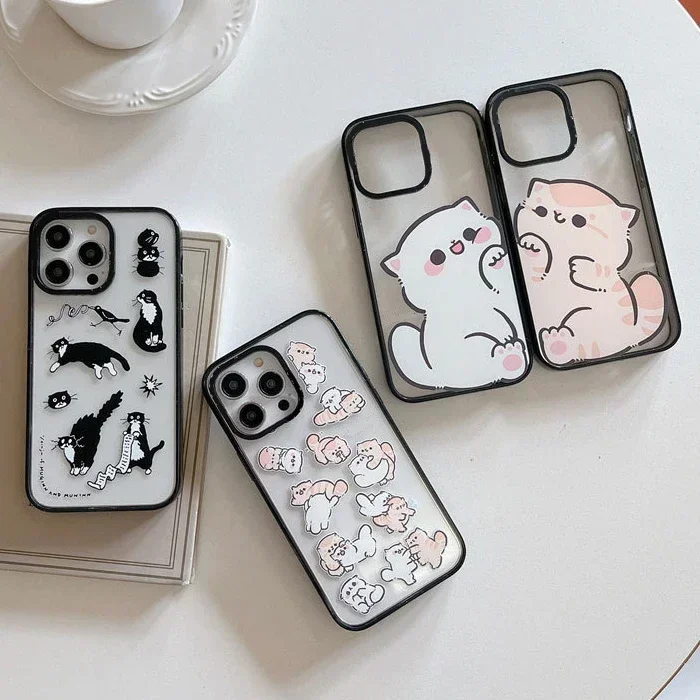 

2.0 Acrylic Border Black White Cat Phone Case Cover for iPhone 11 12 13 14 15 16 17 Pro Max Case for iPhone 17 ProMax
