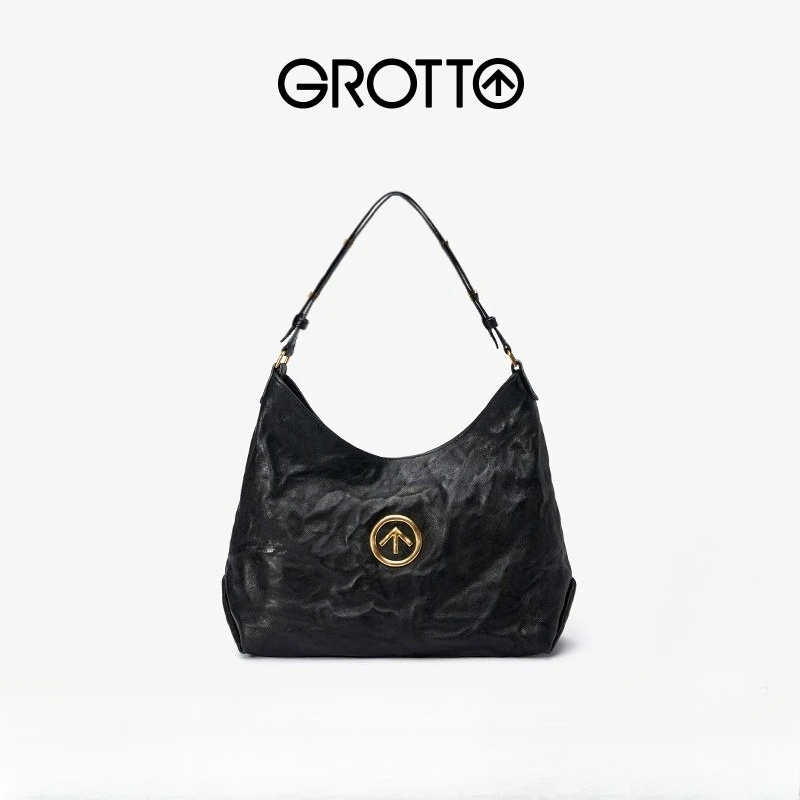 GROTTO Black Stone Hobo Large Italian Vegetable-Tanned Sheepskin Crossbody Shoulder Bag, Simple and Versatile