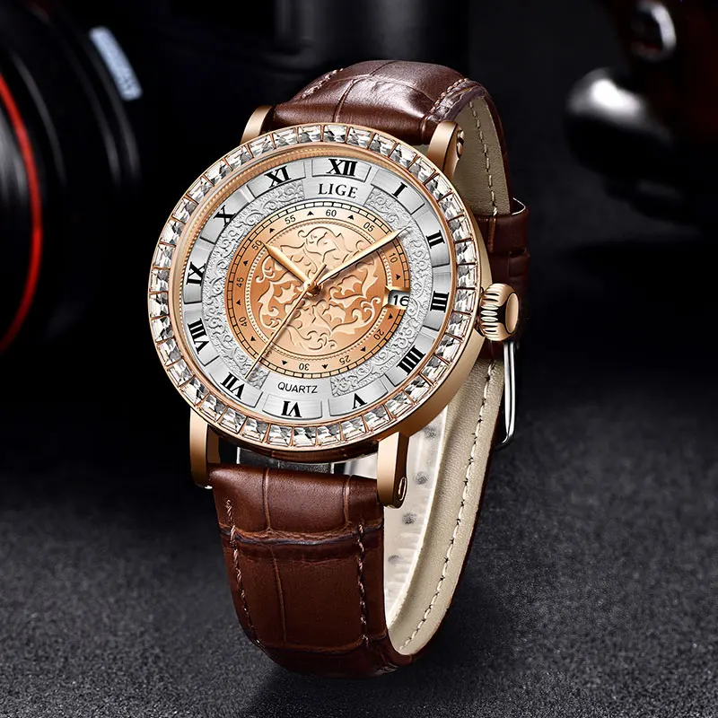 LIGE 2023 New Watches For Women Simple Rose Gold Wrist Watches Fashion Leather Watches Ladies Quartz Watch Clock Montre Femme