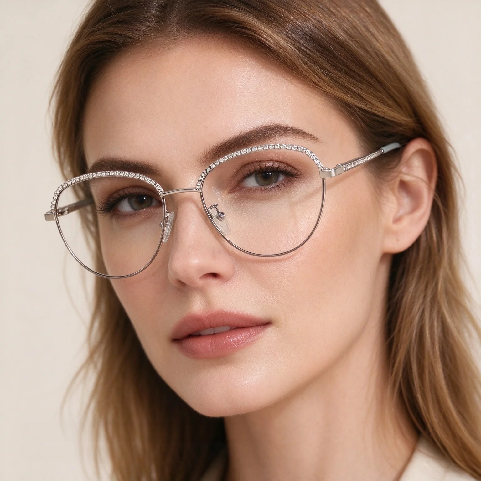 European and American style women's non-prescription glasses, trendy metal frames with rhinestone decoration, color-changing and