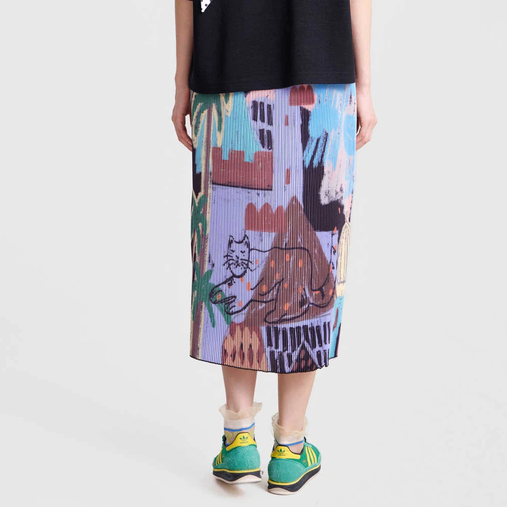 MOVEUP A-line Skirt 2026 Autumn New Elastic Waist Cartoon Print Striped Pleated Commuter Dopamine Skirt for Women 3ELC20614