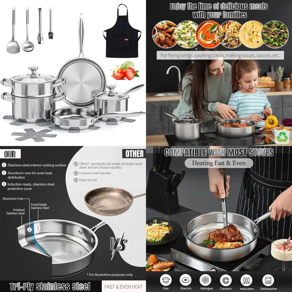 

16-Piece Stainless Steel Cookware Set with Glass Lids, Steamer, Utensils, Pot Protectors, and Apron - Non-Toxic, Induction Compa