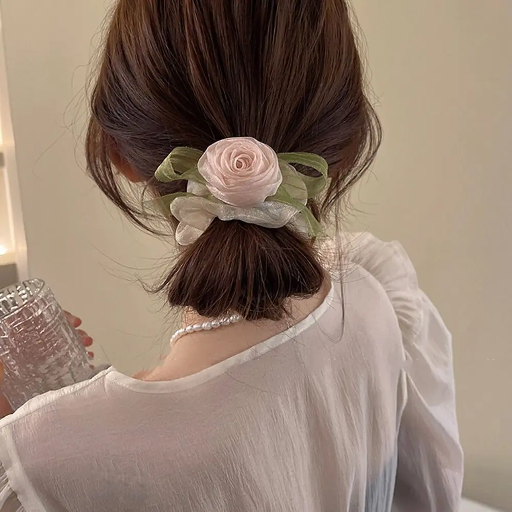 Gomas para el pelo de estilo coreano para niña y mujer, accesorios para el cabello, Anillo para el cabello, soporte para cola de caballo, Scrunchies para el cabello con flores rosas