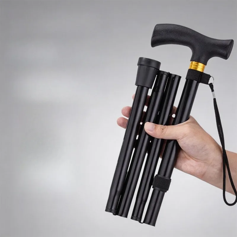 Elderly Folding and Telescopic Cane with Rubber Non-slip Handle, Lightweight Aluminum Alloy Walking Aid Cane Move Tool
