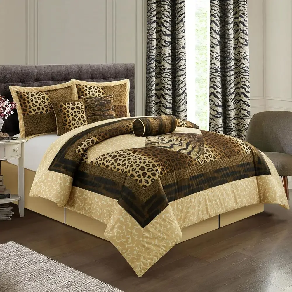 Leopard Print King Size Comforter Set, 9-Piece, Plush Short Fur, Matching Bed Skirt, Pillows, Shams, Curtains, All-Season Beddin