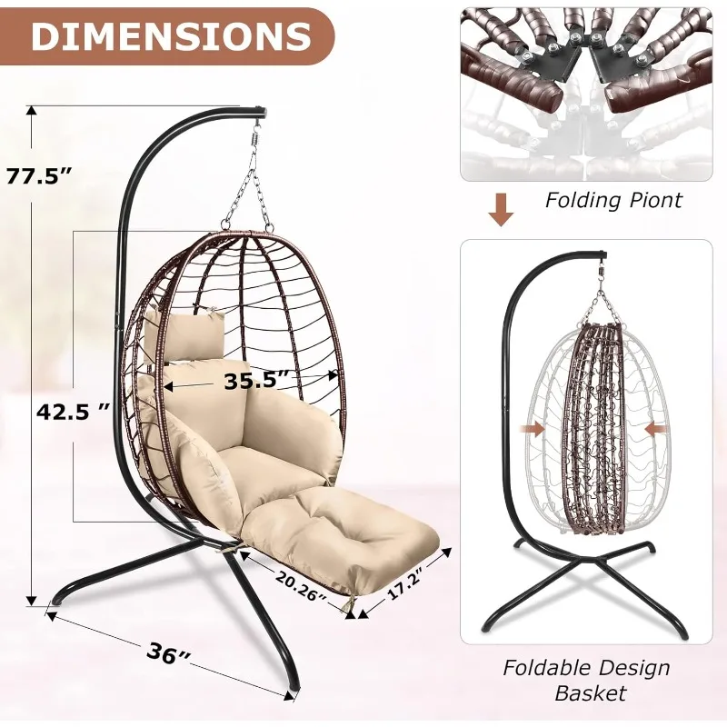 Indoor/Outdoor Hammock Basket Chair with Cushion Headrest for Bedroom Porch Balcony Garden, 350LBS Capacity