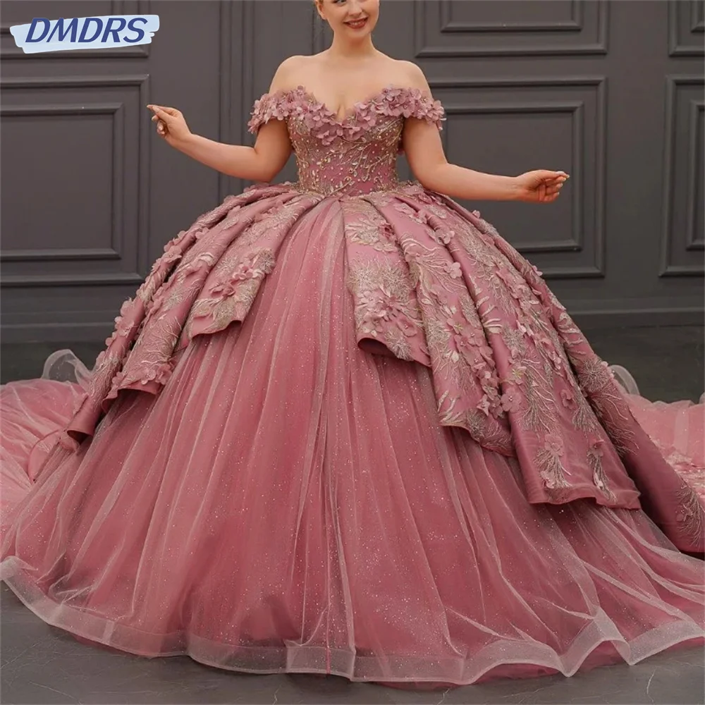 Gaun klasik Quinceanera dari bahu 3D bunga manik-manik applique Vestidos De 15 Formal elegan gaun pesta putri manis