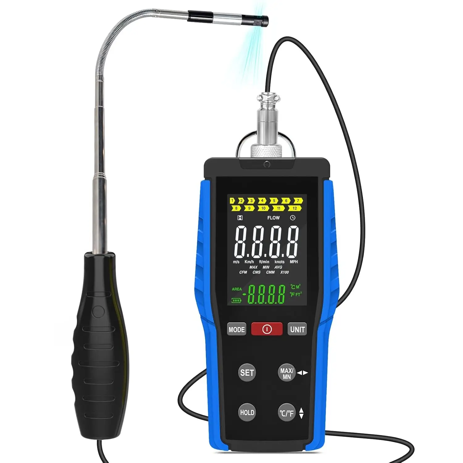 

Hot Wire Anemometer, Thermal Anemometer for Wind Speed, Temperature, Volume, 0.1-30M/s Wind Speed Gauge, 0-999900 ft3/min CFM