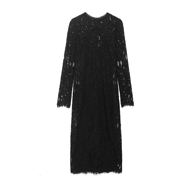 ブラック長袖レースミディドレス - エレガントなシアーフローラルレースイブニングパーティードレス2026