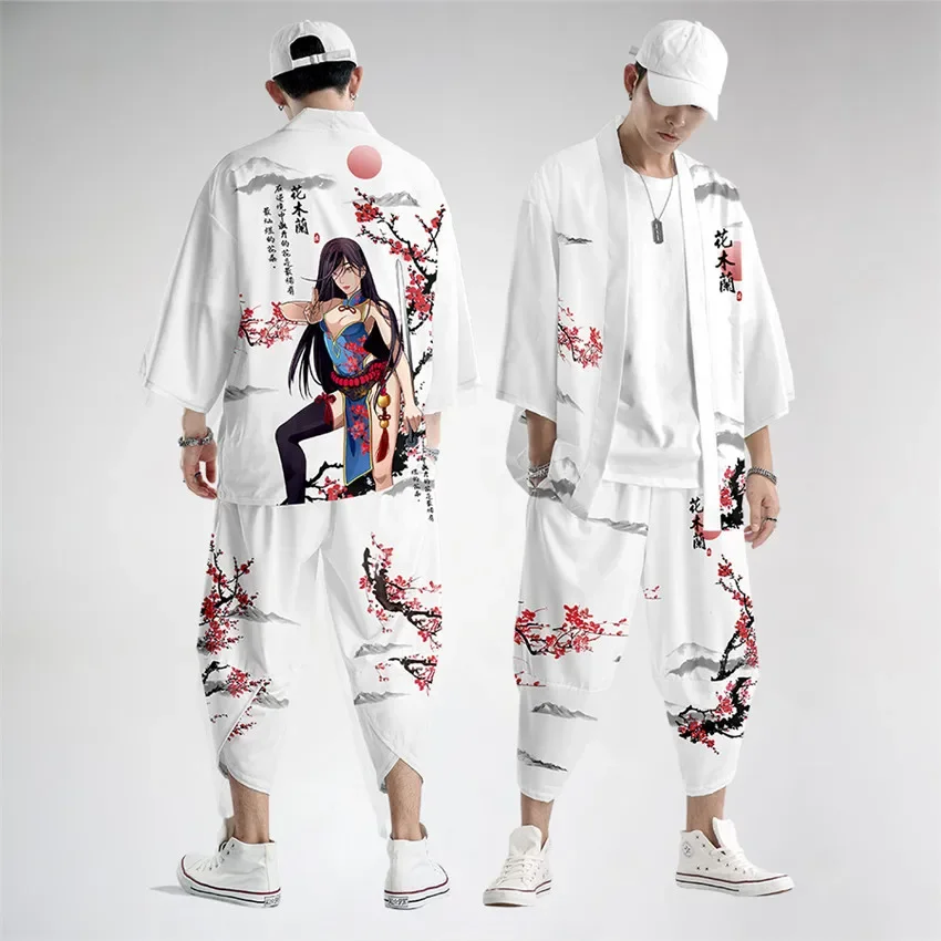 Japanese Traditional Clothing Invincible Print Kimono Pants Men Retro Yukata Asian Fashion Tang Suit Harajuku Hanfu Yukata Jacke