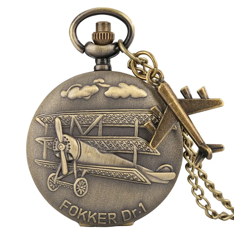 Retro Antique Fokker Dr.1 Airplane Embossed Arabic Numeral Quartz Pocket Watch for Men Necklace Chain Pilot Themed Gift
