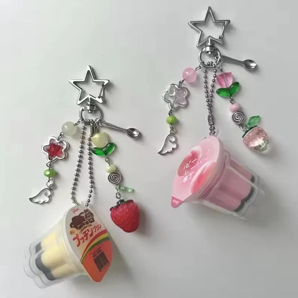 Llavero de Pudín Japonés, Colgante de Flan de Huevo Rosa y Amarillo, Estética Retro Y2K Heisei, Accesorios de Cosplay con Cuentas