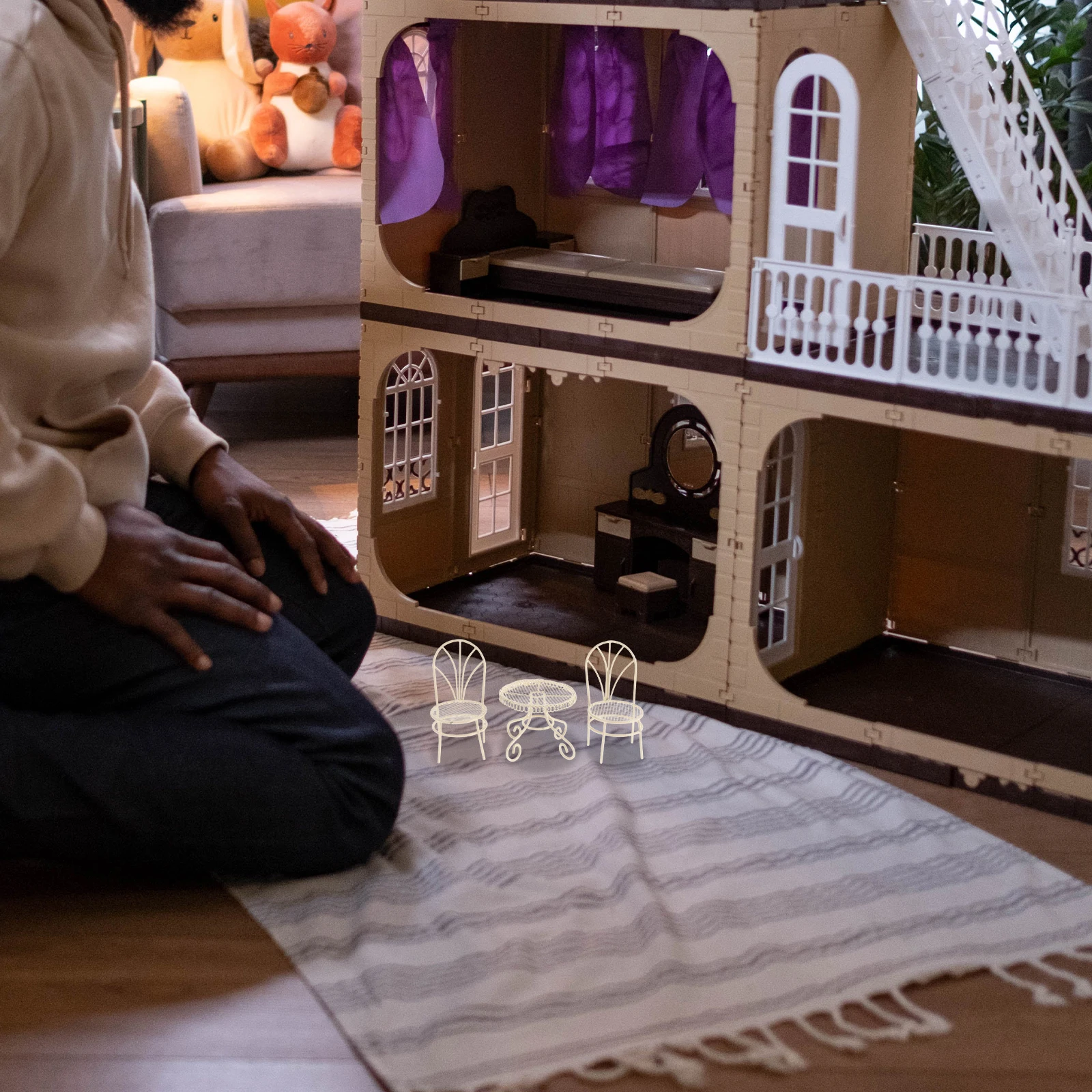 Mini Table Iron Small Exquisite Bedroom Home Decor House Miniature Garden Furniture Miniature Dollhouse Garden Stool Sets Toy