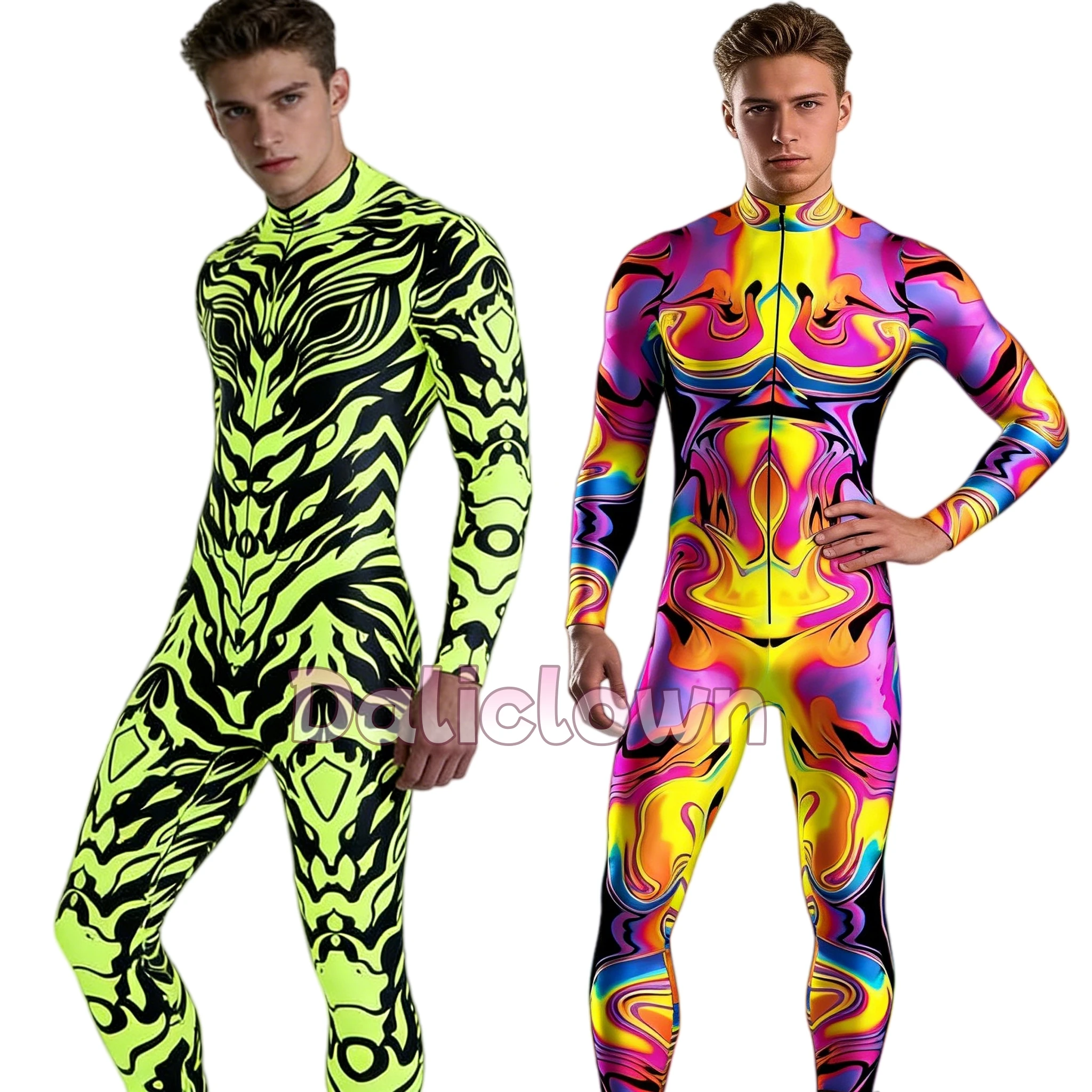 Herren CyberPunk Graffiti Regenbogen Jumpsuit 3D-Druck Feiertagsparty Halloween Cosplay Kostüm Elastischer Bodysuit Einteiler Zentai-Anzug