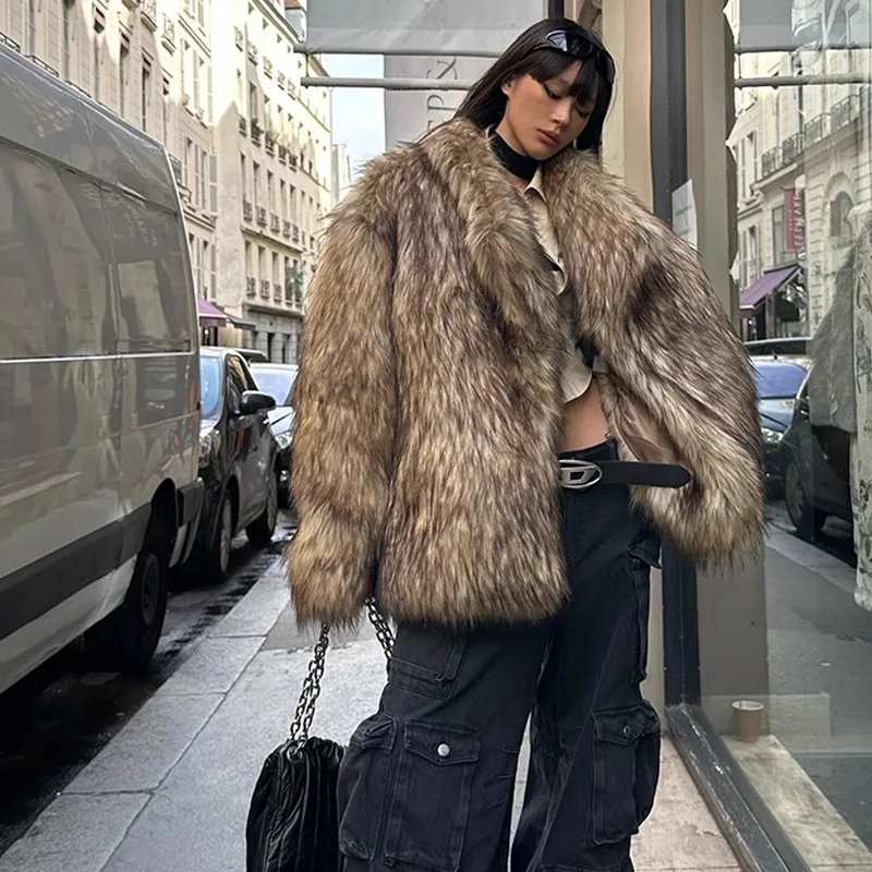 Long Faux Fur Coat Women Autumn Winter Large Jacket Overcoat White Turn Down Collar Pockets Thick Coat Warm Jackets Maxi Coats