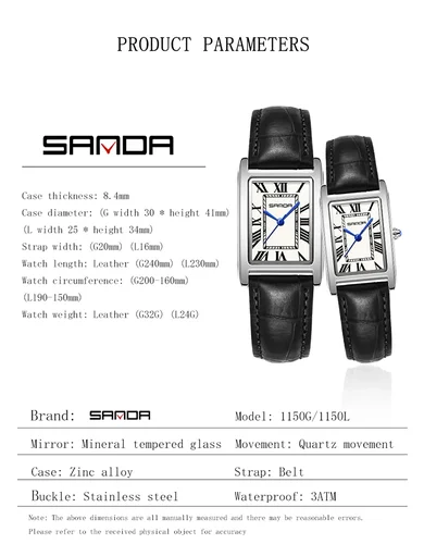 Imagen 2 del producto SANDA 1150 reloj de pareja de tanque de lujo resistente al desgaste correa de cuero esfera cuadrada impermeable deporte Casual mujeres hombres relojes de cuarzo