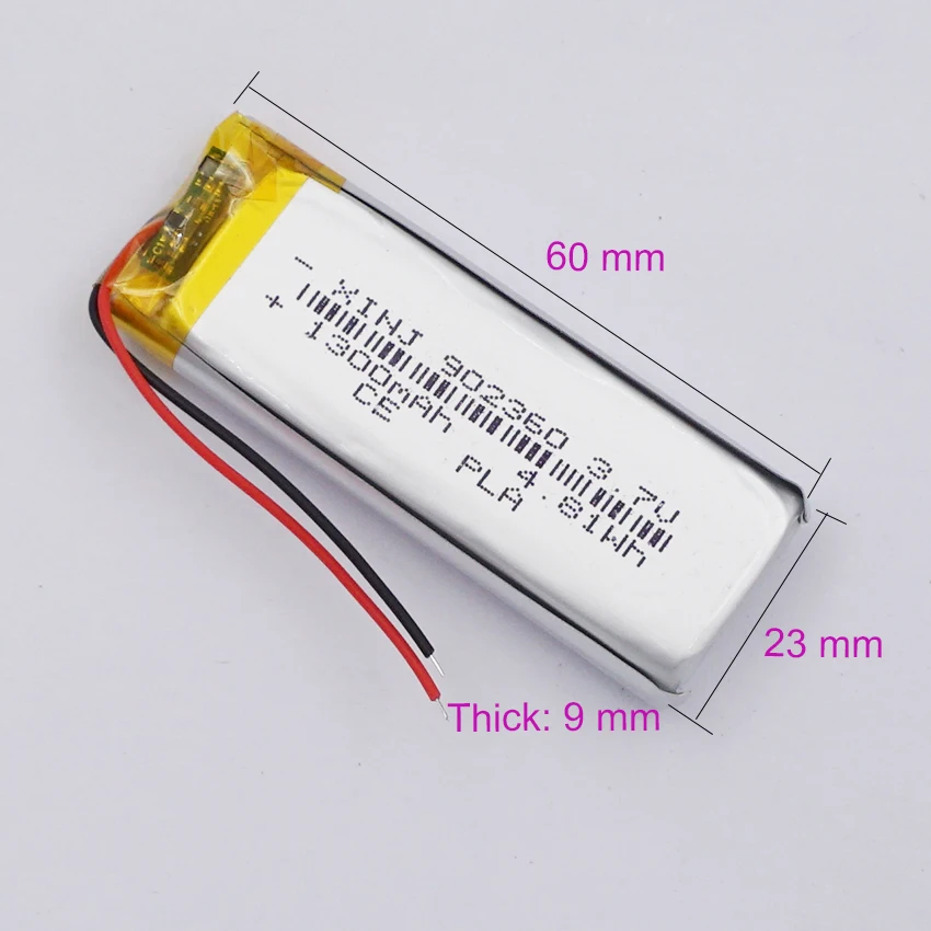 Литий-полимерный аккумулятор, 3,7 в, 1300 мАч, 902360 Вт/ч