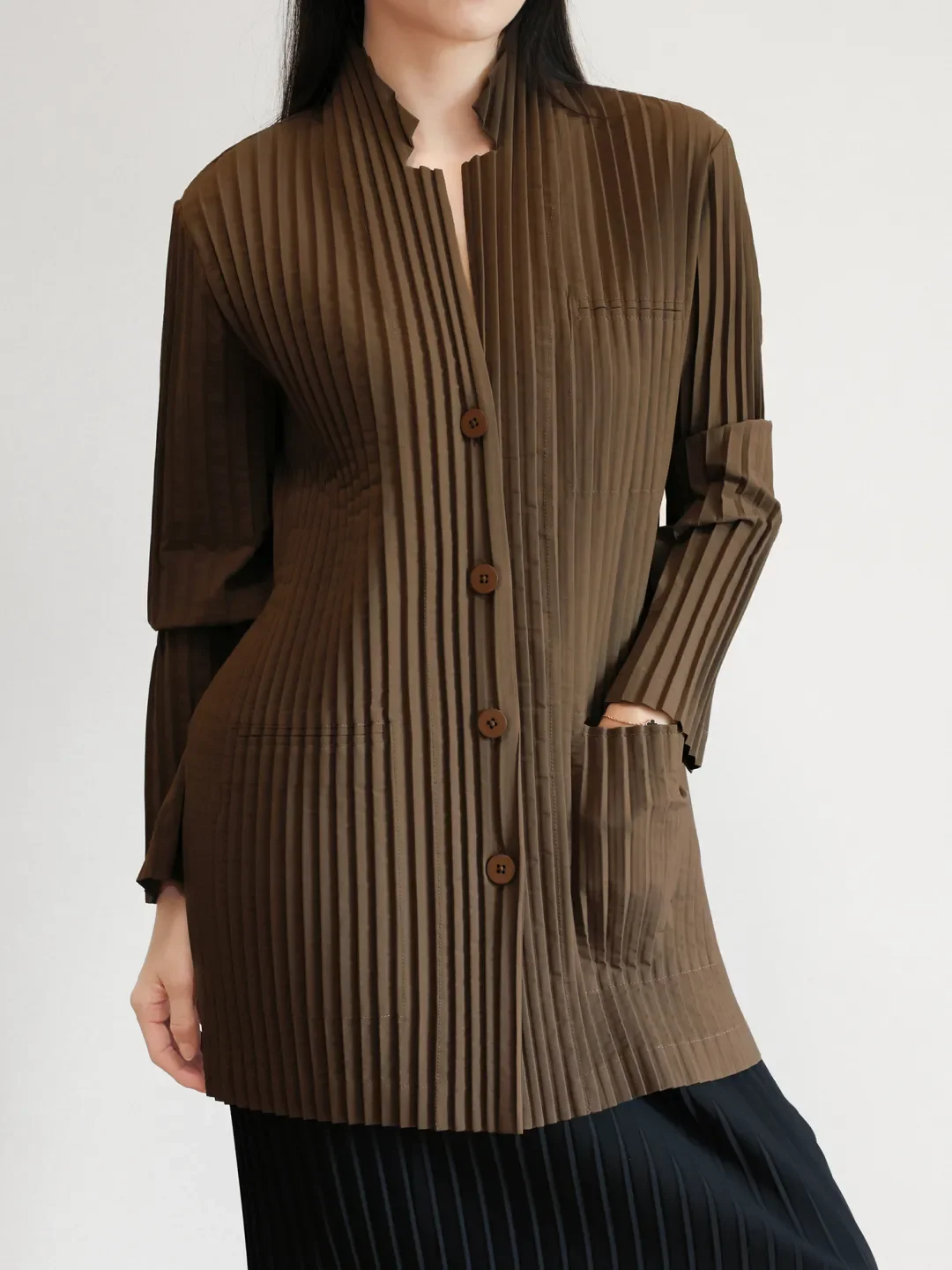 Fold Miyake Pleated Duster Coat Women Solid Long Sleeve Collared Buttoned Pockets 2026 Autumn Winter Modern Minimalist Outerwear