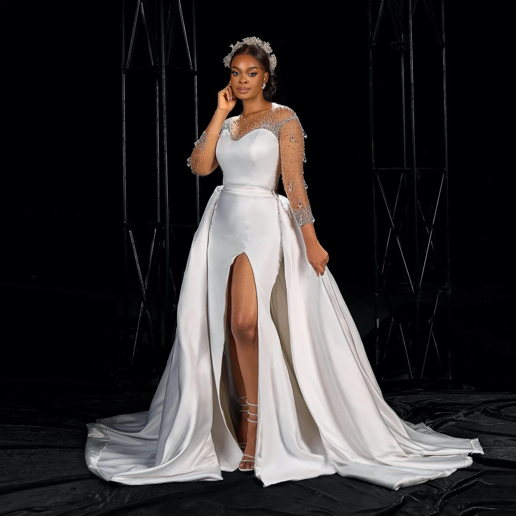 Personalizado frisado cristais colher pescoço sereia vestidos de casamento vestido de casamento 2024 lado dividido trem destacável vestido de noiva