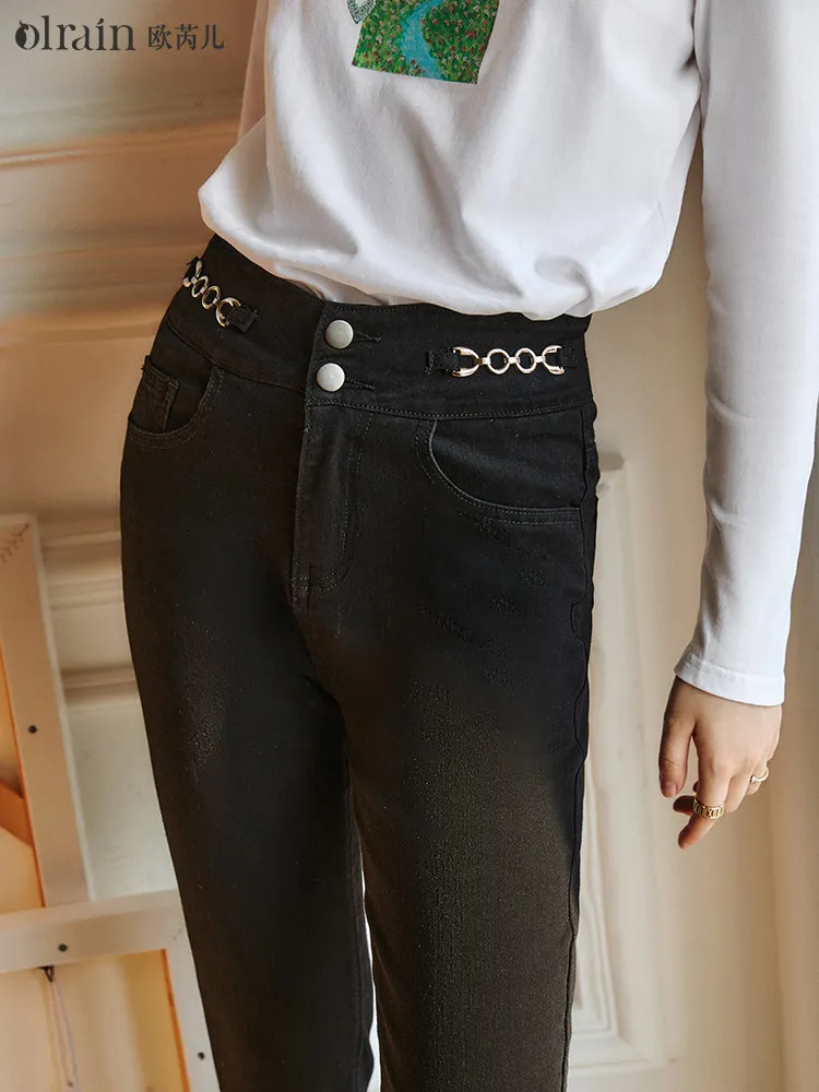 OLrain femmes noir jean moulant taille haute cheville longueur pantalon extensible décontracté coupe ajustée chaîne en métal dames pantalon O21DA56308