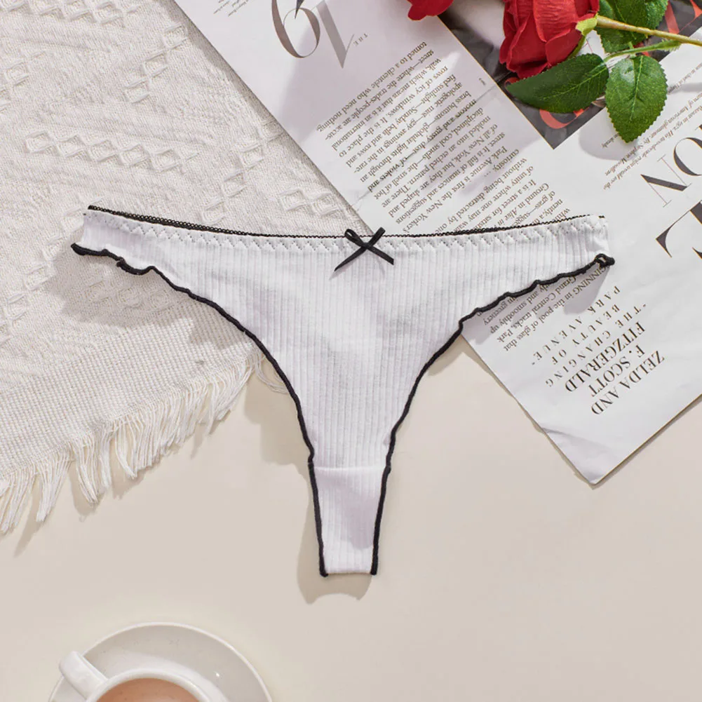 Women Briefs Cotton Skin-friendly Comfortable Thong Panties Bowknot Low Waist T Back Underpants Ruffled Edge Soft Underwear