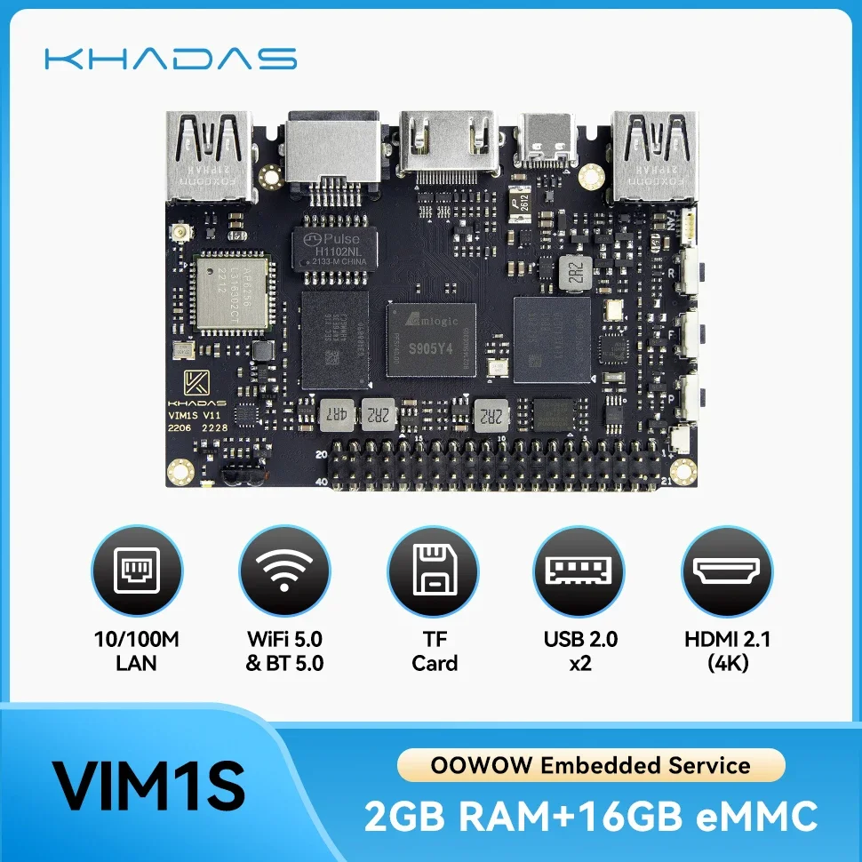 AeroPartsKhadas VIM1S Single Board Computer Amlogic S905Y4 2GB 16GB SBC Support 2.4G/5G WiFi Bluetooth 5.0, Multi-Video Dec 4k T
