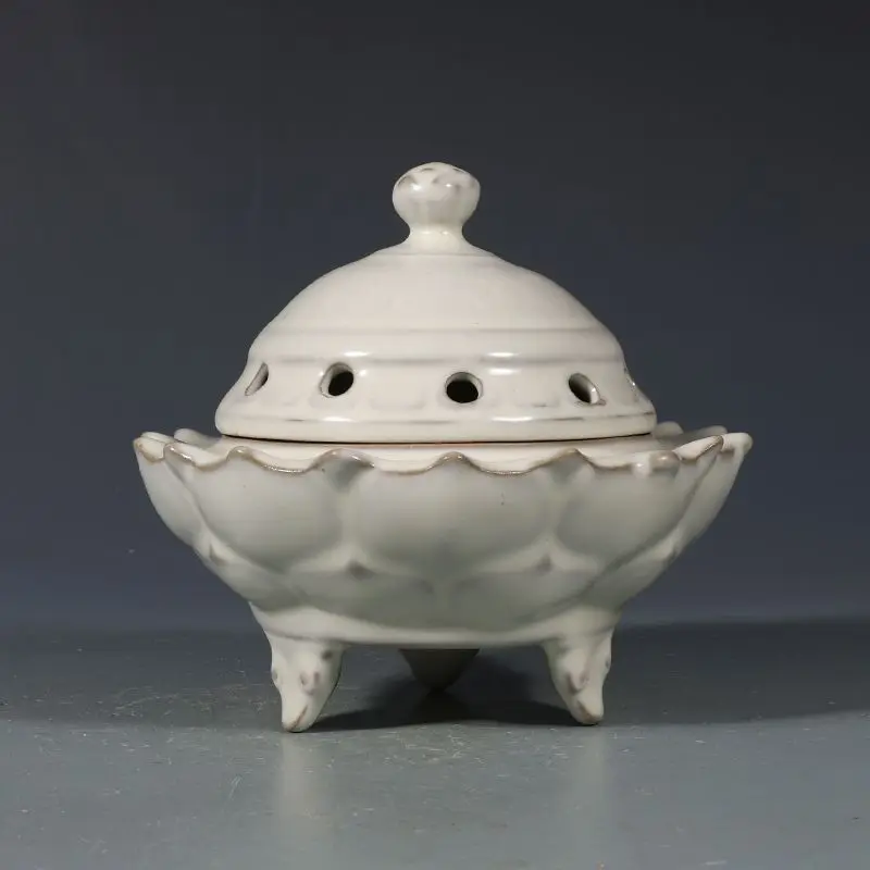 White Glaze Lotus Tripod Incense Burner Perforated Lid Chinese Antique Porcelain Censer Collectible Decor