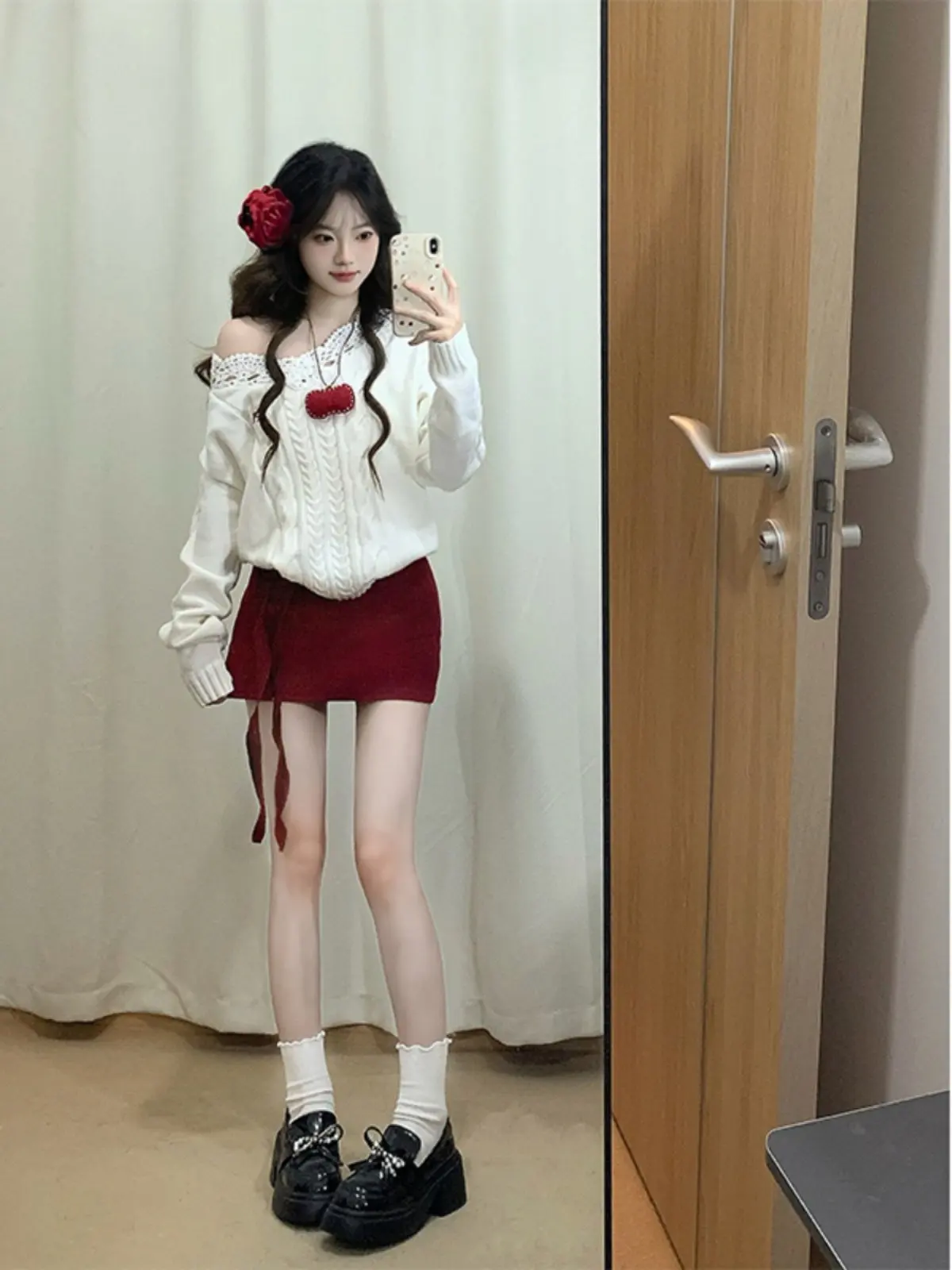 Sweet And Spicy Red Rose Sash Midi Skirt Women's Pure Desire Design Low Waist A-Line Slimming Short Skirt Commute Simple Style