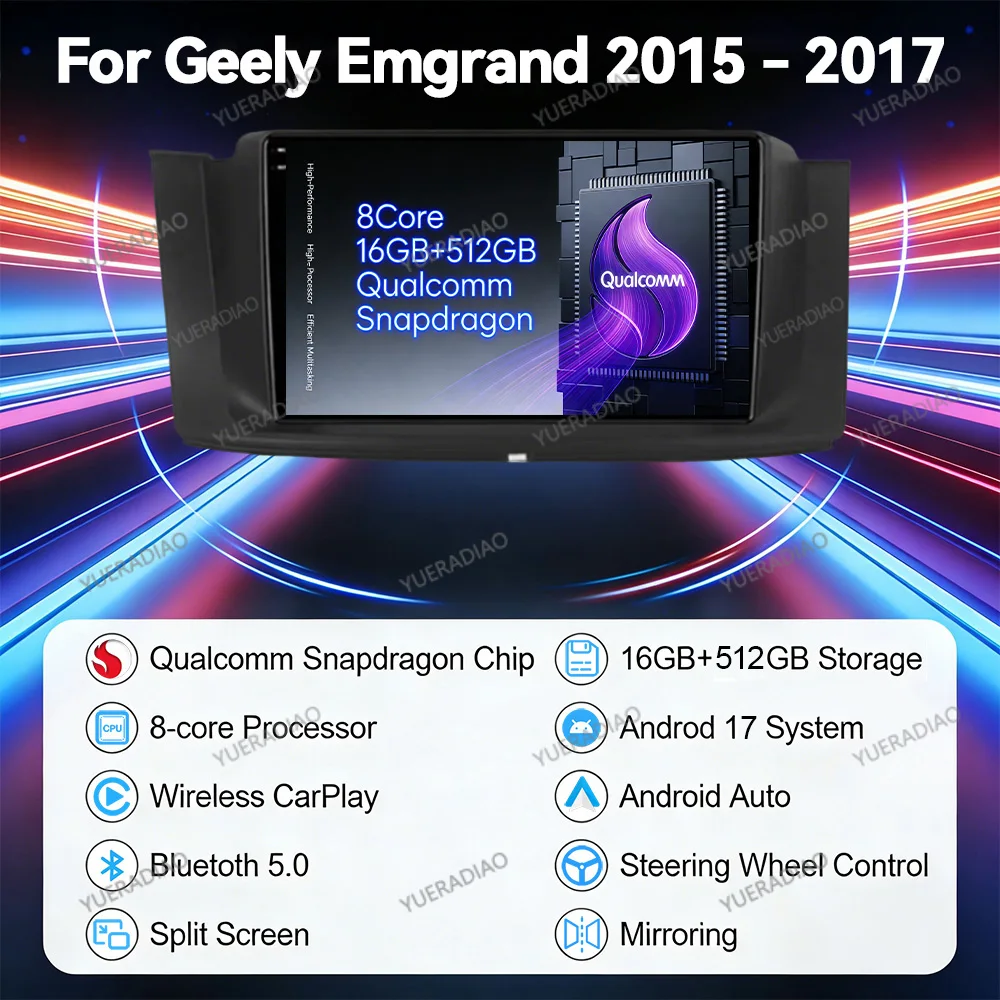 Android 17 Car Radio For Geely Emgrand GT GC9 Borui 2015 - 2017 GPS NAVI QLED Multimedia Stereo Video Player 4G LTE 5G WIFI 2DIN