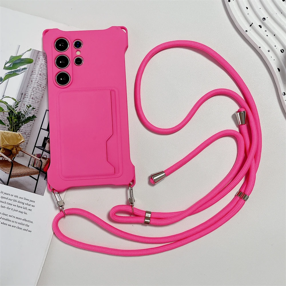 

Crossbody Lanyard Silicone Phone Case For Samsung S24 Plus S22 Ultra S23 FE A15 A54 A34 A14 A53 Card Wallet Holder Soft Cover