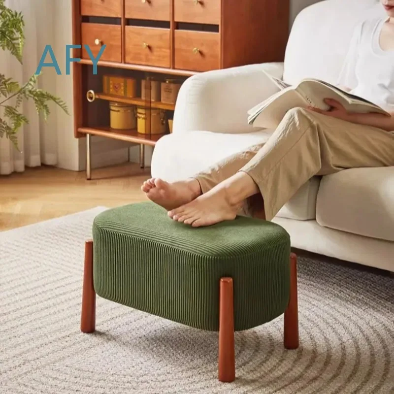 Solid Wood Low Stool for Modern Oval Sofa Bench Corded Velvet Upholstery for Entryway Living Room Soft Padded Seat Ottoman