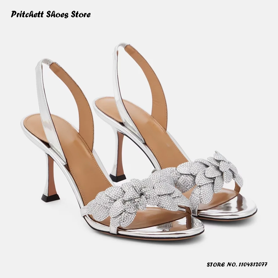 

Сандалии с открытой пяткой металлик с украшением кристаллами, летняя подиумная модная обувь для подиума, женские туфли на тонком высоком каблуке с круглым открытым носком